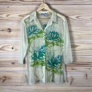 Faith by Celia Forrester Mesh Blouse Women XL Green Lotus Beaded Art To Wear Y2K
